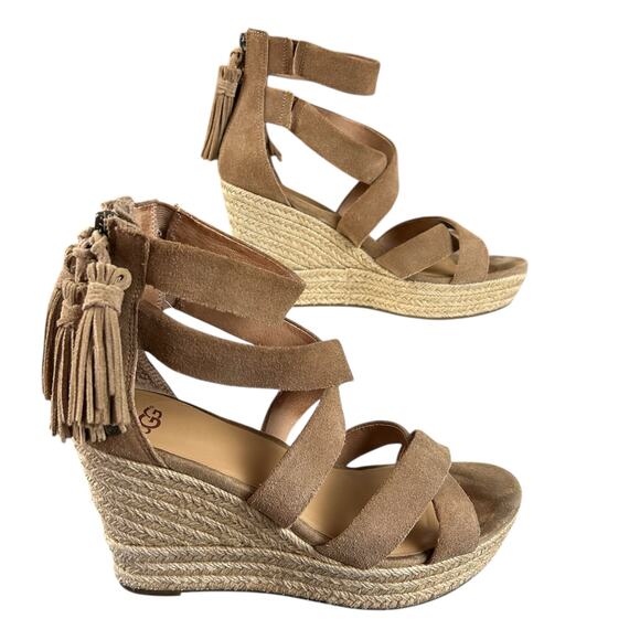 Ugg Raquel Wedge Women Size 8 Chestnut Suede Espadrille Strappy Tassel Sandals - Picture 1 of 11